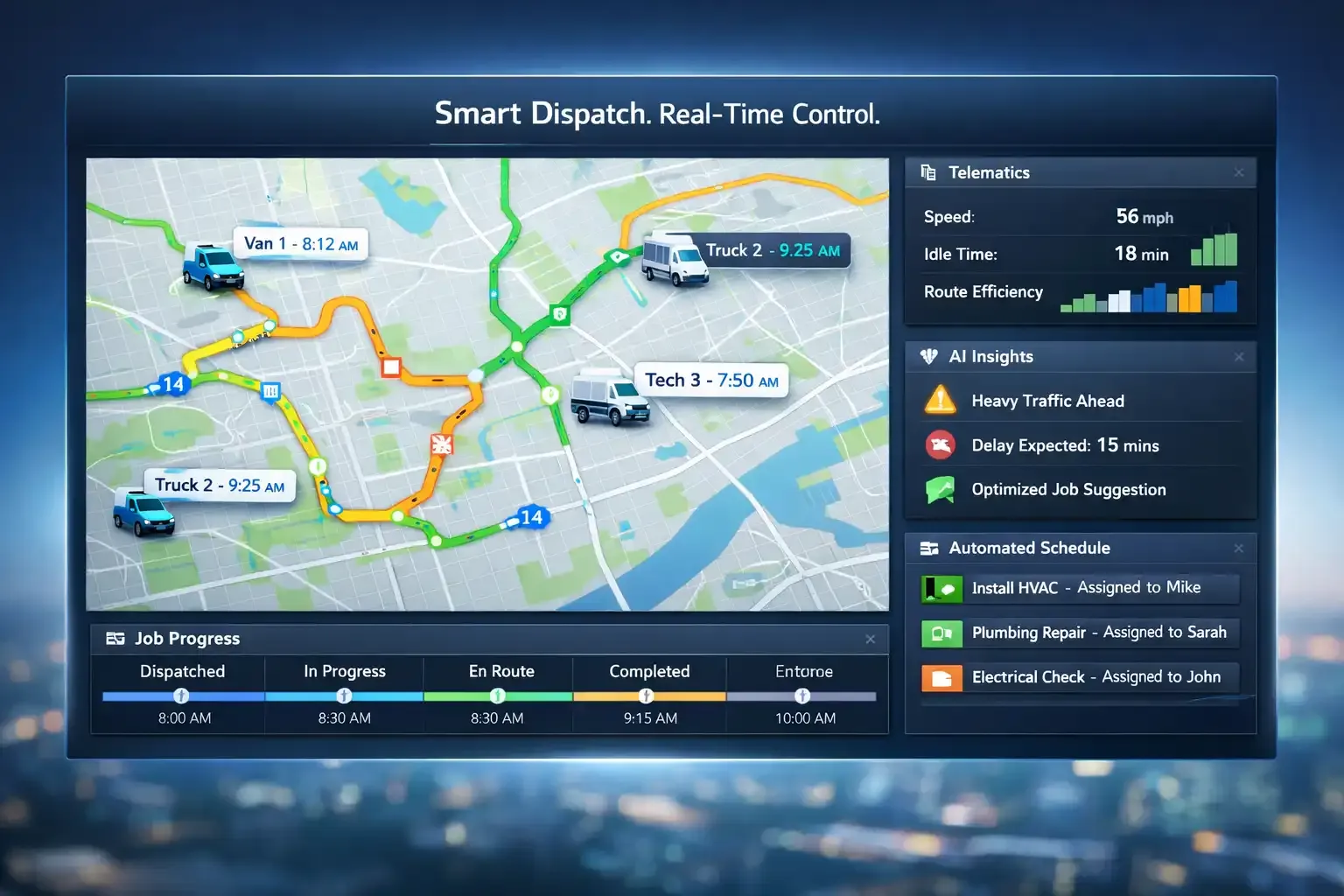Dispatch dashboard showing delays, disruptions, workload, and alerts